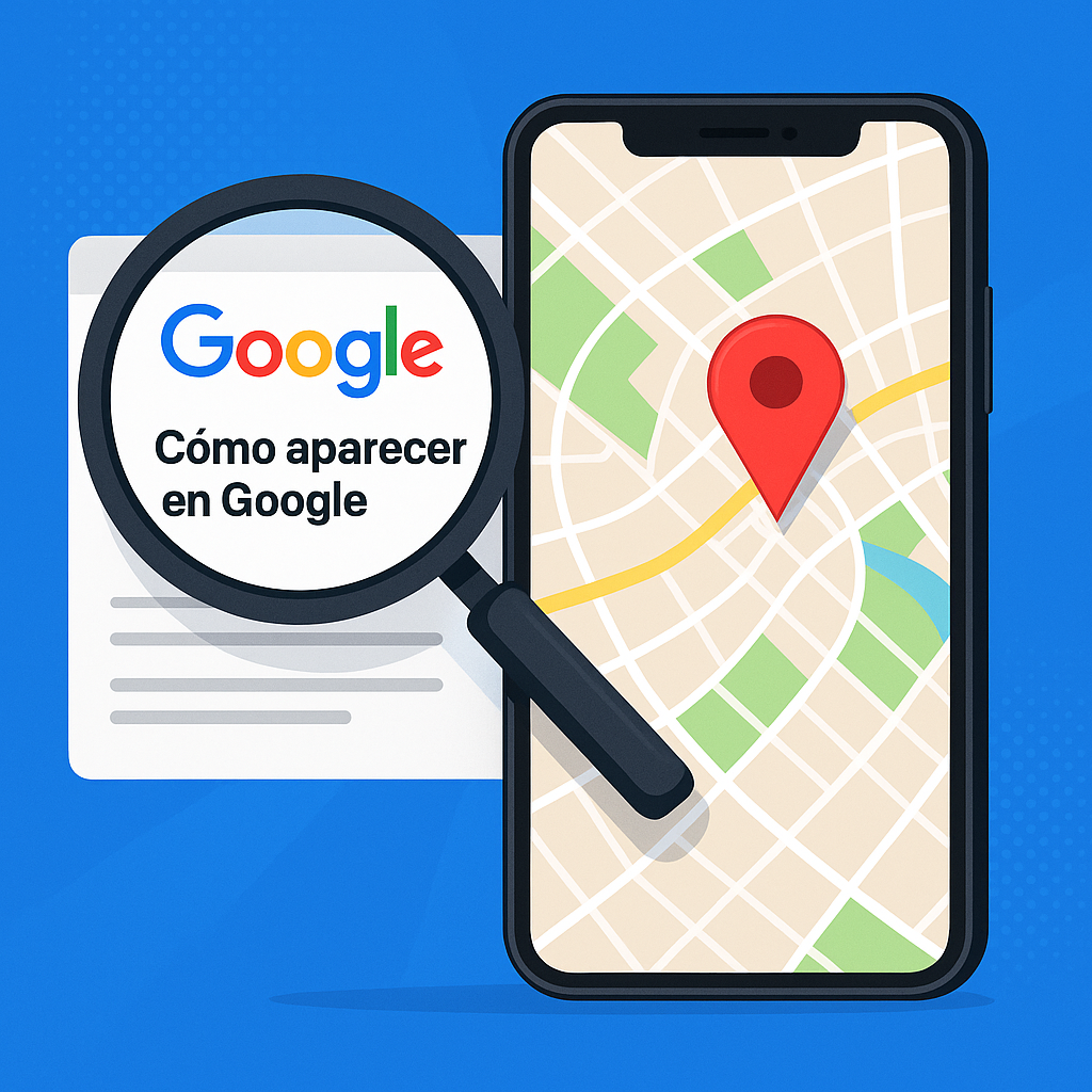 Concepto de marketing digital con una computadora mostrando resultados de búsqueda de Google y un teléfono mostrando Google Maps