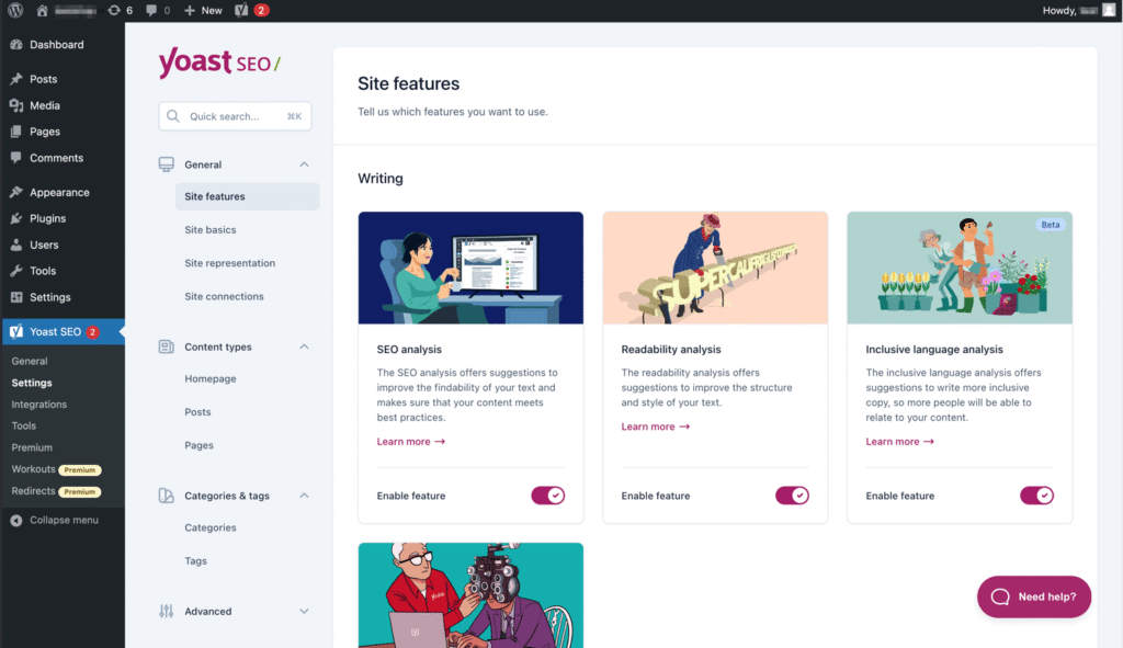 Panel de WordPress mostrando la configuración del plugin Yoast SEO