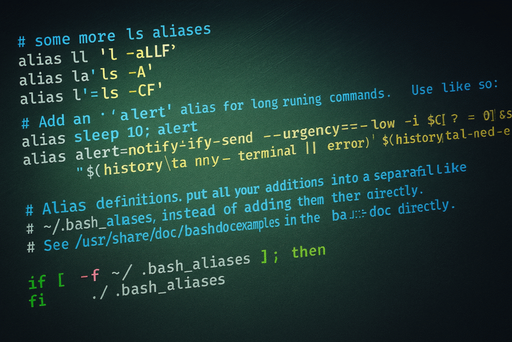 Configuración de alias en archivo .bashrc con ejemplos de código