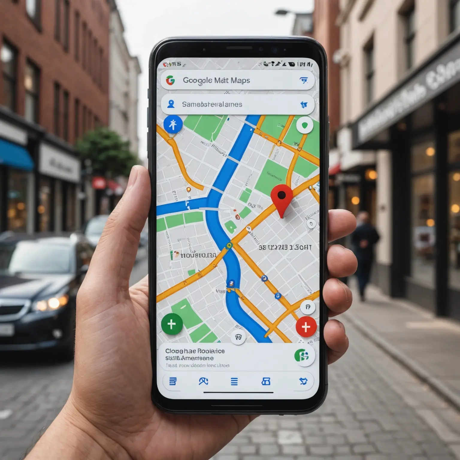 Teléfono inteligente mostrando Google Maps con un perfil de negocio destacado