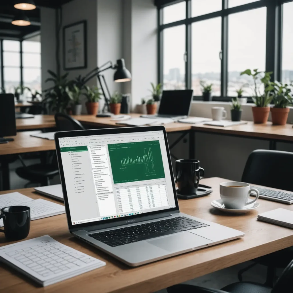 Espacio de trabajo moderno con código Python y hojas de cálculo Excel, simbolizando automatización