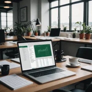 Espacio de trabajo moderno con código Python y hojas de cálculo Excel, simbolizando automatización