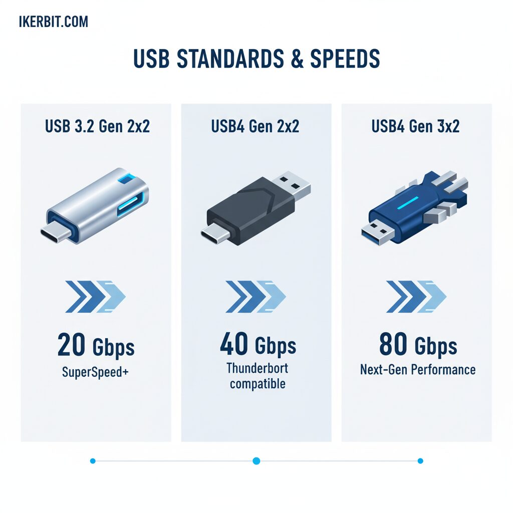 Comparativa visual de estándares USB 3.2 Gen 1, Gen 2 y USB4 mostrando velocidades y características técnicas para pendrives más rápido.