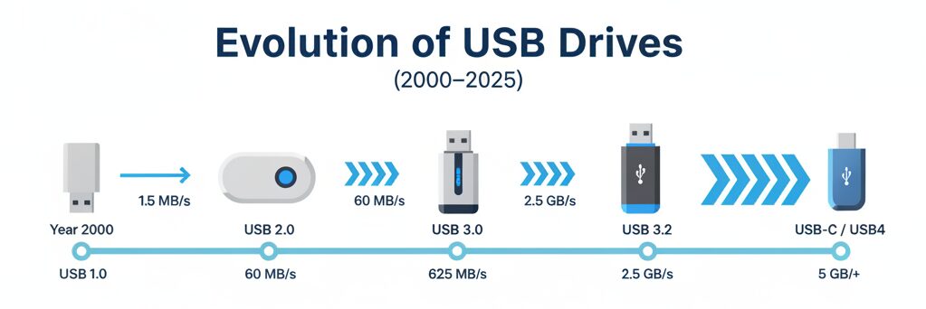 Evolución histórica de los pendrives más rápidos desde 2000 hasta 2025 mostrando el aumento de capacidades y velocidades.